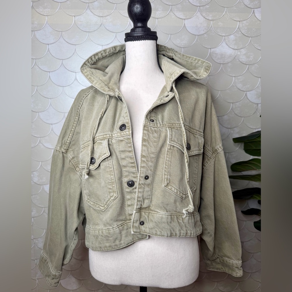 Zara Olive Green Hooded Baggy Cropped Denim Jacket With Front Pockets Size XS
